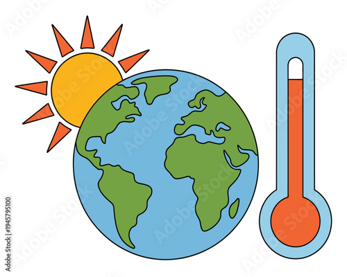 Planet Earth thermometer and sun illustrate the concept of global warming and climate.