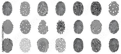 Fingerprint collection biometric identification thumbprint set forensic security identity patterns isolated