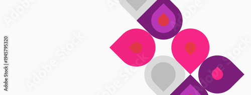 Abstract design features repeating curved squares. Pink, purple, gray hues dominate composition. Minimalist aesthetic, clean lines present.