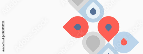 Abstract design features colorful droplet shapes. Minimalist composition with light background. Simple, modern aesthetic.