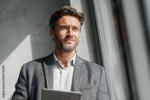 Confident Businessman with Tablet Looking Forward in Modern Bright Office