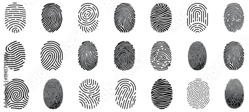 Fingerprint collection biometric identification thumbprint set forensic security identity patterns isolated