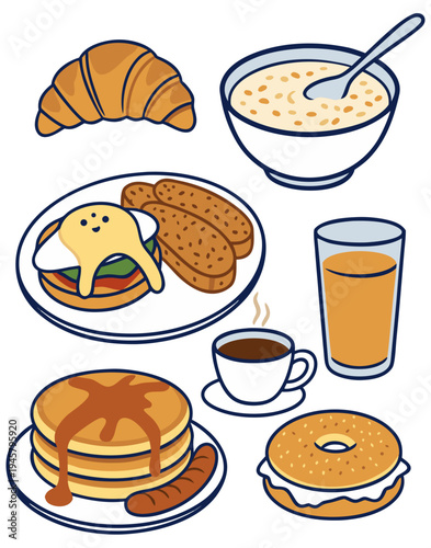 Breakfast/brunch icons (croissant, oatmeal, sandwich, pancakes, coffee, juice, etc.)