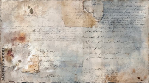 Faded handwritten script on aged parchment with torn edges and water stains paper vintage