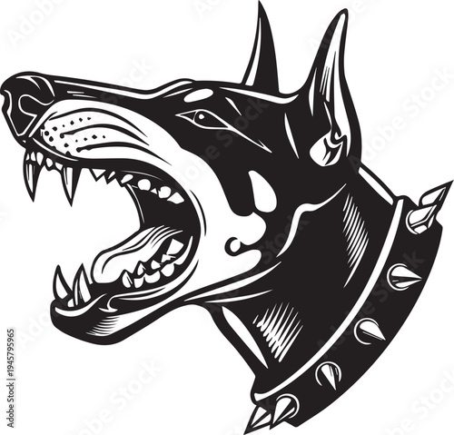 Roaring Doberman Dog Head Aggressive Guard Dog Mascot Black and White Vector Illustration