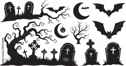 Halloween graveyard scene with bats and spooky trees silhouettes