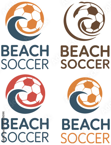 Minimalistic beach soccer logo, featuring a wave and soccer ball icon, vector design ideal for sports branding, beach tournaments, team logos, and athletic event graphics.