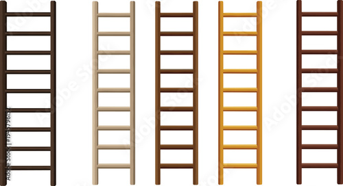 Set of Five Vertical Wooden Ladders in Various Brown Wood Tones Vector Illustration Isolated on White Background for Career Growth Success and Construction