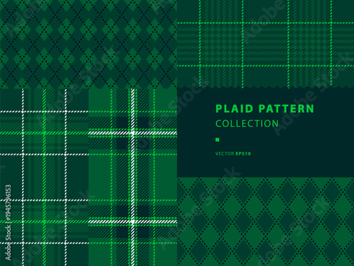 Plaid and argyle seamless pattern collection in shades of green