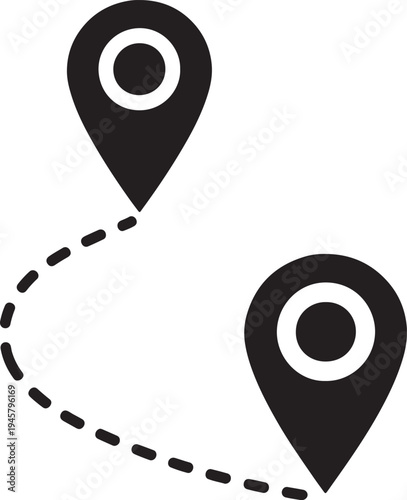 Black and white location markers connected by dashed line also transparent background map marker