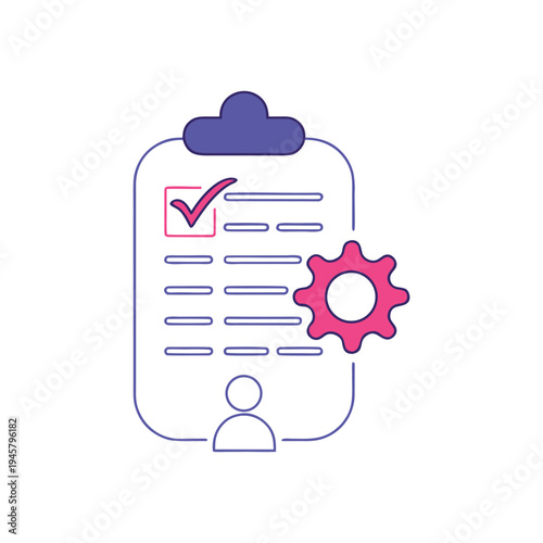 Clipboard with Checkmark and Gear on White Background purple