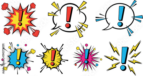 Comic style exclamation mark icons with speech bubbles, explosion bursts and lightning shapes colorful alert symbol illustration set