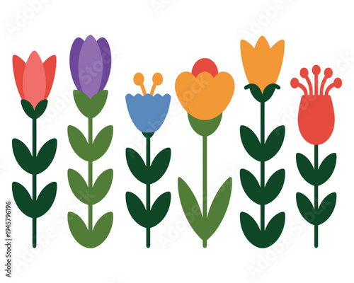 Row of stylized colorful folk art flowers with green leaves stand upright on simple stems.