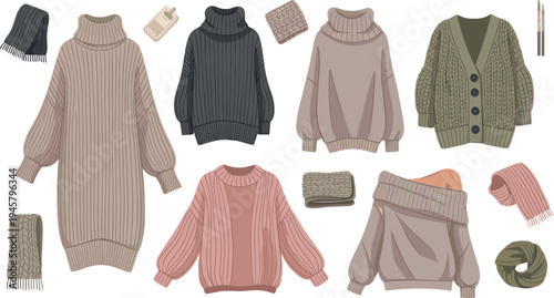 Cozy knitted sweaters and winter clothing collection with scarves cardigan and warm fashion apparel vector illustration set