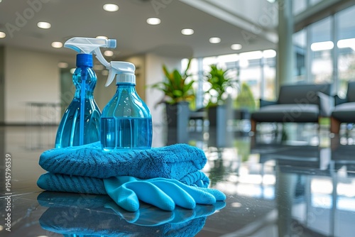 Professional cleaning supplies preparing office building for hygiene