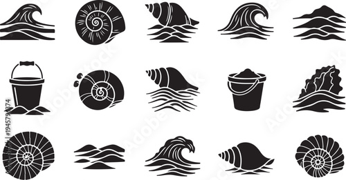 Black and white ocean wave and seashell icons set
