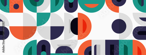 Geometric shapes overlap creating playful pattern. Colors include orange, teal, purple, gray, white. Modern design element.