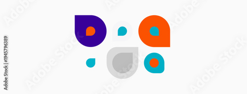 Abstract colorful shapes form playful design. Circles, teardrops, dots create modern visual composition. Simple, bright, geometric.