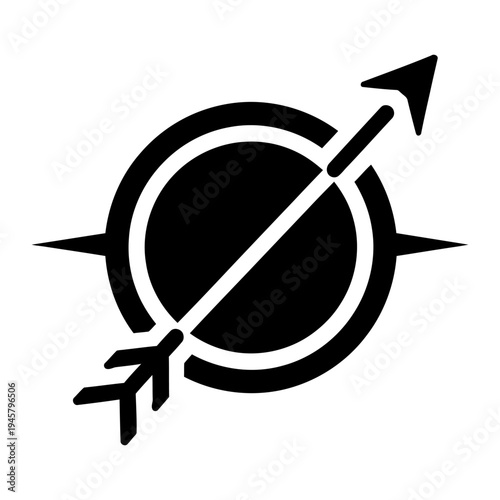 Minimalist black vector icon of a compass and arrow symbol representing direction, goal achievement, and strategic growth for business branding.