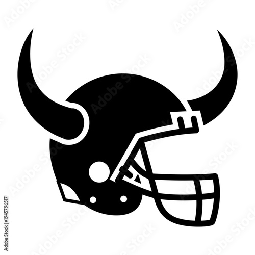 Minimalist black silhouette of a football helmet with large horns, representing a powerful sports mascot, team identity, and competitive athletic spirit.