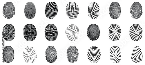 Fingerprint collection biometric identification thumbprint set forensic security identity patterns isolated