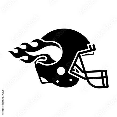 Black and white vector illustration of a flaming American football helmet representing speed, power, and competitive sports spirit.