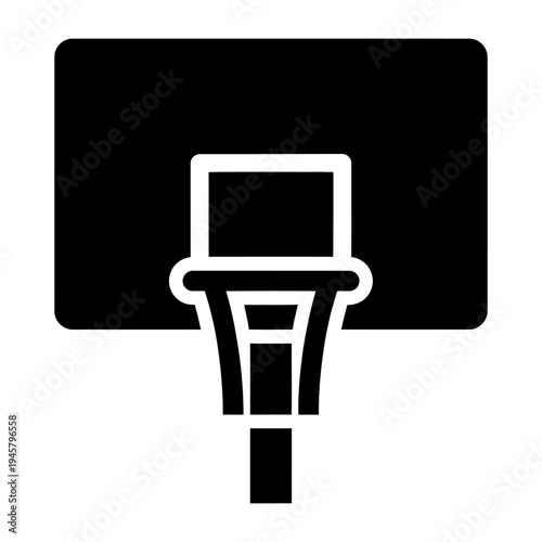 Minimalist black basketball hoop and backboard icon for sports branding, athletic achievement, and team competition concepts.