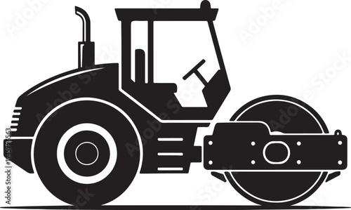 Black and white of a road roller construction vehicle with an operator also transparent background machinery