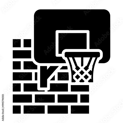 Minimalist icon of a basketball hoop mounted on a brick wall, representing urban street sports, recreation, and athletic goals.