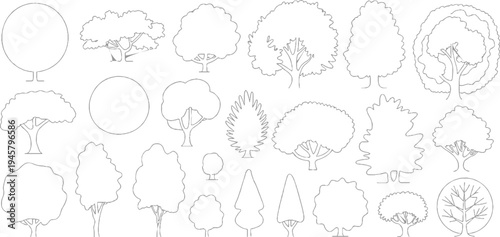 Collection of diverse outline trees and circular shapes in gray scale circle