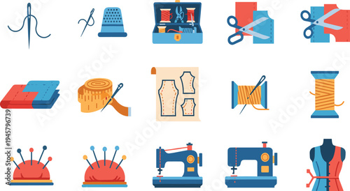 Sewing and Tailoring Tools Icon Set Featuring Needle, Thread, Sewing Machine, Fabric Cutting, Measuring Tape, Dress Form, and Fashion Design Equipment.