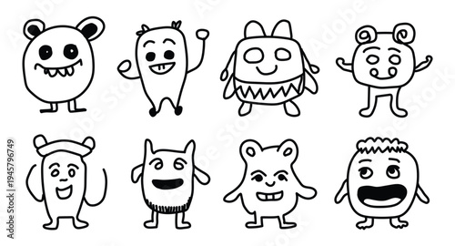 Cute hand-drawn monster character doodle set in minimalist line art style for kids and stickers.
