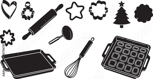 Black and white baking icons for Christmas holiday cooking
