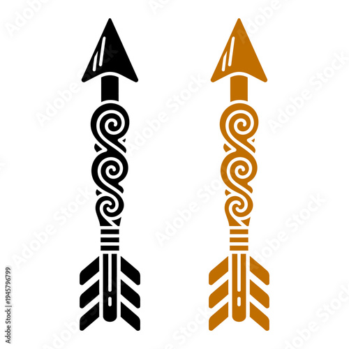 Stylized tribal arrow vector set with intricate spiral patterns and ethnic motifs, representing direction, focus, and cultural heritage for creative design projects.