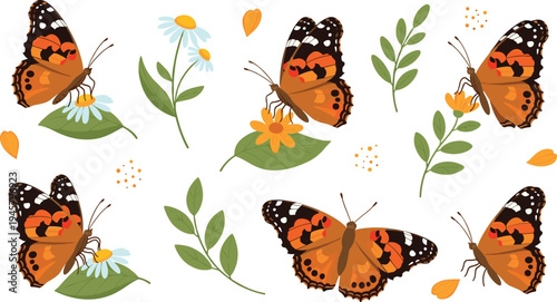 Painted Lady Butterfly Collection with Floral Botanical Elements, Colorful Nature Insect Vector Illustration Set with Flowers Leaves and Garden Decoration