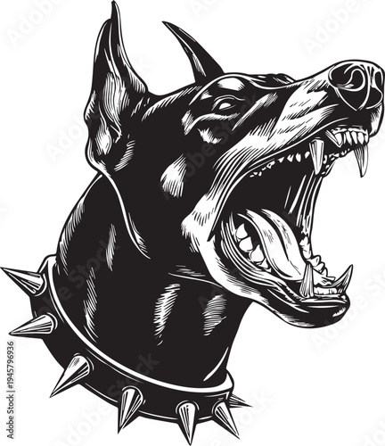Roaring Doberman Dog Head Aggressive Guard Dog Mascot Black and White Vector Illustration