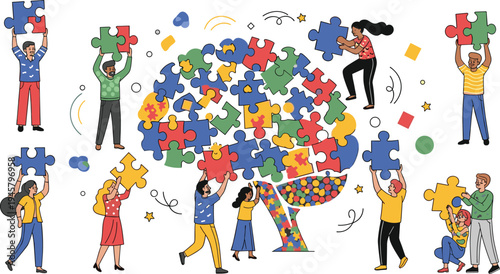 Teamwork collaboration concept with people assembling colorful puzzle pieces forming light bulb idea creativity and problem solving vector illustration