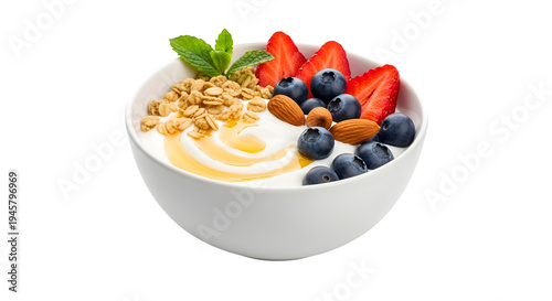 Greek yogurt breakfast, isolated on white or transparent background. PNG