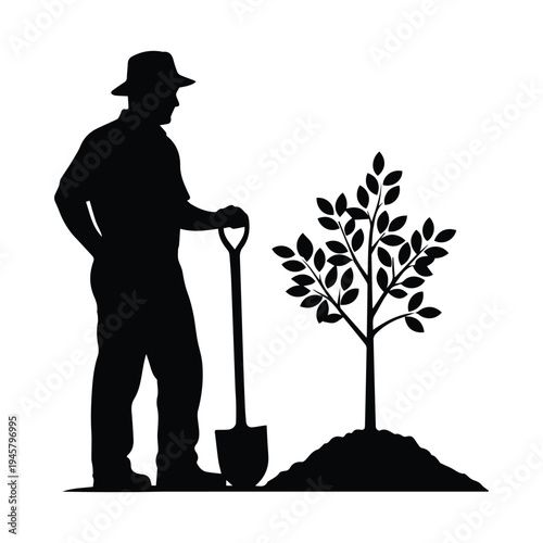 Farmer silhouette planting a tree with shovel - black and white graphic with new beginning with white background