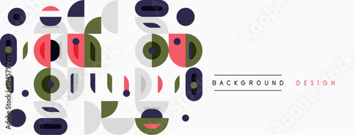 Abstract geometric shapes, circles, rectangles, lines. Minimalist design with muted colors, modern aesthetic. Background element for projects.