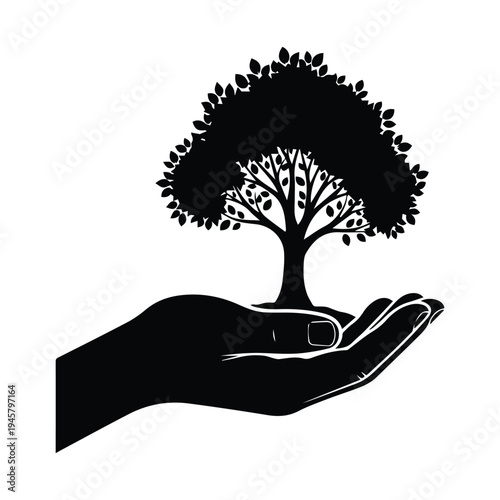 Hand holding growing tree silhouette, environmental protection and nurturing nature concept, earth day