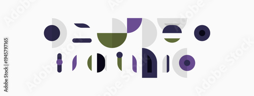 Abstract geometric shapes, muted colors, minimalist design. Composition features circles, rectangles, curves, lines. Modern aesthetic, simple forms.