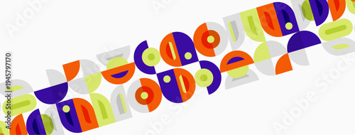 Abstract geometric shapes repeat, creating colorful pattern. Circles, squares, curves dominate composition. Minimalist design.
