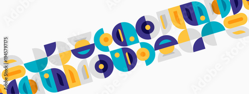 Abstract colorful alphabet design. Geometric shapes form letters, creating playful visual pattern. Bright hues dominate composition.