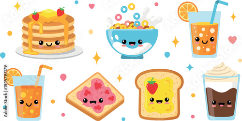 Cute breakfast food cartoon characters with pancakes, cereal bowl, toast, juice and coffee, adorable kawaii morning meal illustration for kids design