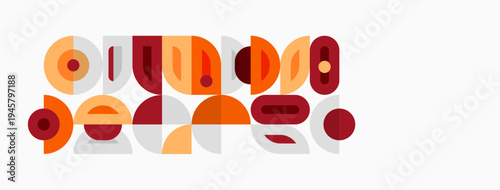 Abstract geometric shapes overlap, creating playful composition. Warm colors dominate design, evoking retro aesthetic.