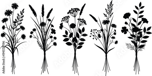 Wildflower Bouquet Silhouette Collection Featuring Botanical Flower Bunches for Rustic Wedding Decor, Floral Design, and Nature Illustration