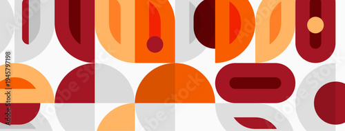 Abstract geometric pattern. Warm colors dominate, featuring overlapping shapes, curves, lines. Minimalist design evokes retro aesthetic.