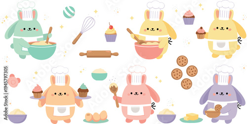 Cute bunny chefs baking desserts with cupcakes, cookies and mixing bowls, adorable kawaii rabbit cartoon characters cooking illustration set