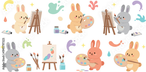 Cute bunny artists painting on canvas with brushes and palettes, adorable rabbit cartoon characters creating colorful art illustration set for kids